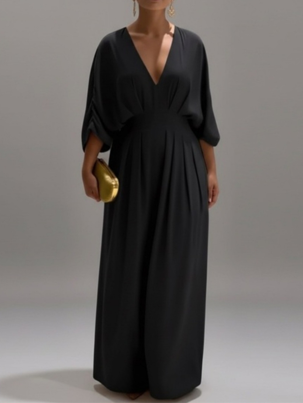 NWOT Black Deep V-Neck Evening Gown with Dolman Sleeves Size L